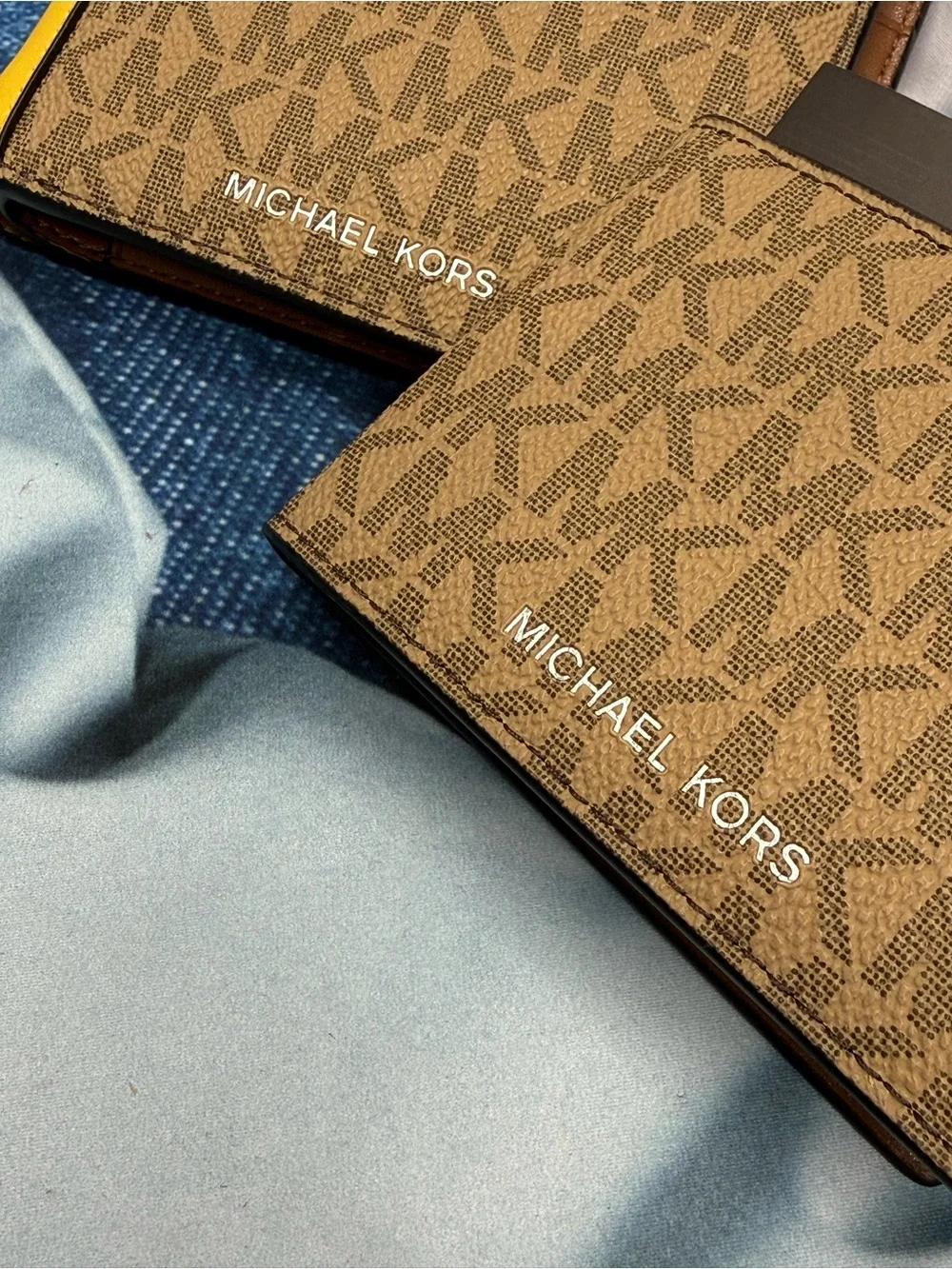 Michael Kors Brown MK Monogram Bifold Wallet with Yellow Accent